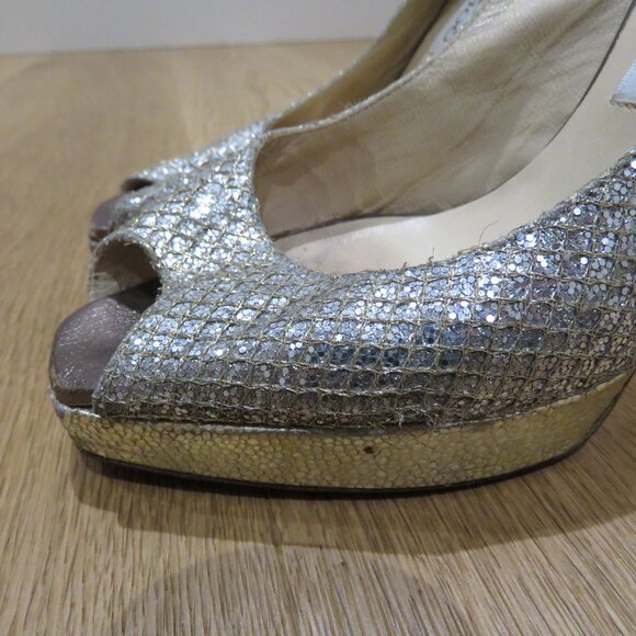 JIMMY CHOO Nova Slingback Sparkle Glitter Platform Peep Toe Heels Cocktail US 6 - Picture 4 of 15